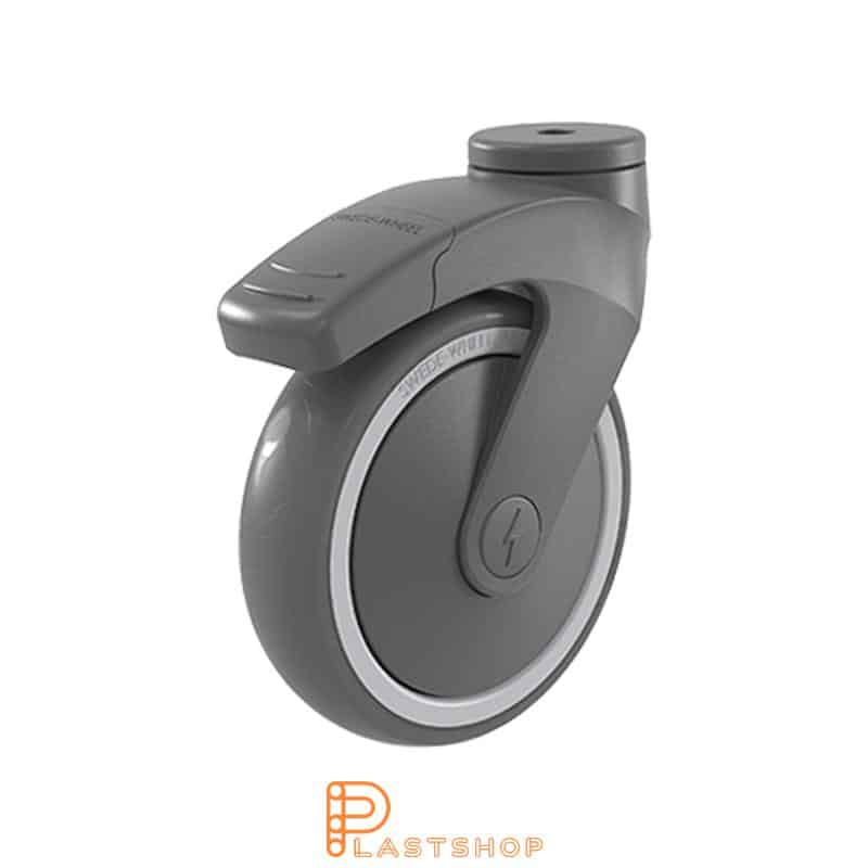 Sähköä johtava liukurenkaan pyörä jarrulla, keskireikä, pyörän halkaisija 125 mm, rakennuskorkeus 160 mm, navat PP:llä pehmeällä uralla TPE:llä harmaa väri. 100 kg kantavuus, kuulalaakeri