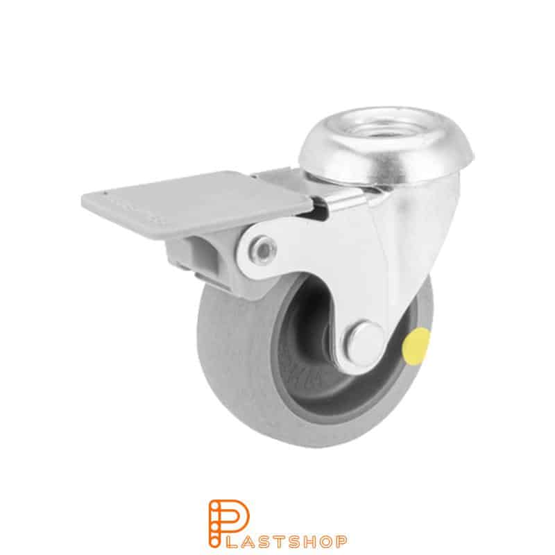 Rueda de cadena con freno eléctricamente conductora, agujero central, diámetro de la rueda 50 mm, altura de construcción 64 mm, buje en PP con banda suave en TPE de color gris. 40 kg de carga, cojinetes deslizantes