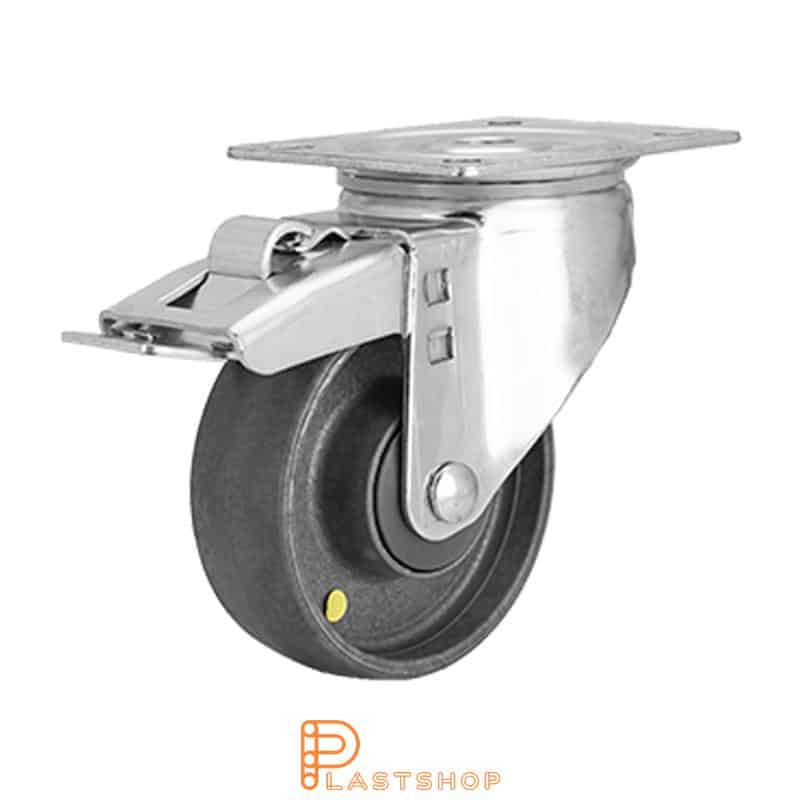 Electrically conductive link wheel with brake, flat, wheel diameter 100 mm, construction height 132 mm, hard wheel in solid PA6, 170 kg load capacity, ball bearings