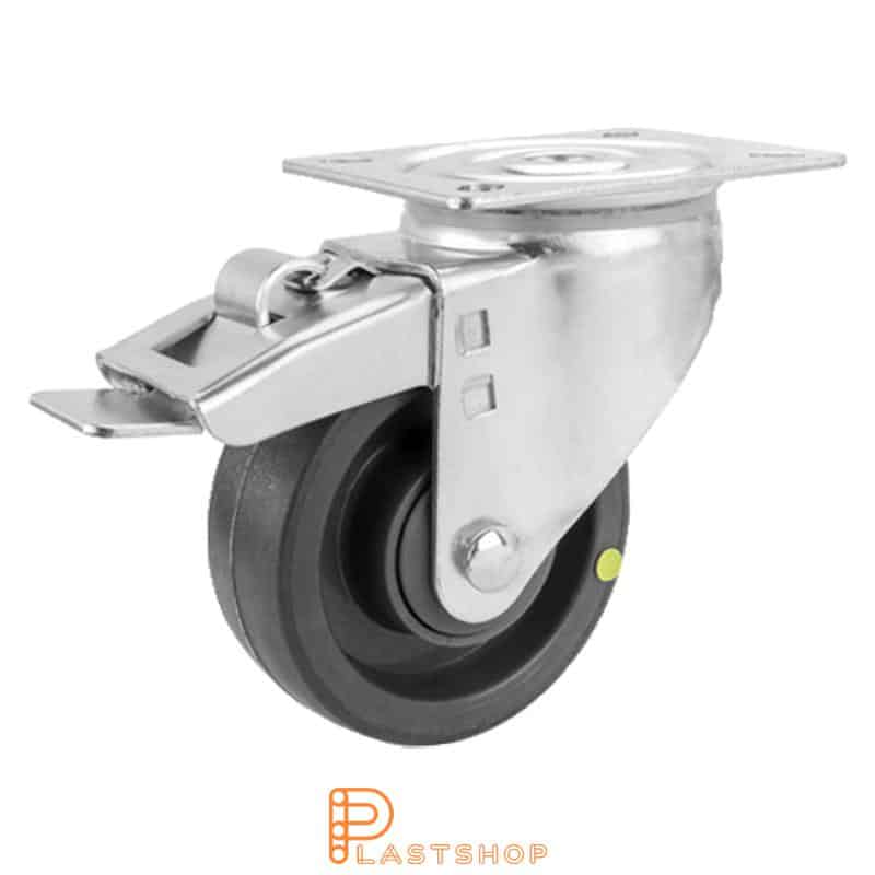 Elektriskt ledande länkhjul med broms, platta, hjuldiameter 100 mm, bygghöjd 132 mm, nav i PA6 med mjuk bana i PUR i grå färg. 200 kg bärighet, kullager