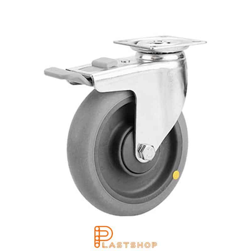 Elektriskt ledande länkhjul med broms, platta, hjuldiameter 125 mm, bygghöjd 151 mm, nav i PA6 med mjuk bana i TPE i grå färg. 70 kg bärighet, kullager