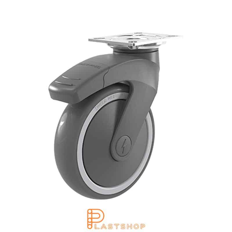 Rueda de cadena con freno eléctricamente conductora, platta, diámetro de la rueda 125 mm, altura de construcción 167 mm, buje en PP con banda suave en TPE de color gris. 100 kg de carga, cojinetes