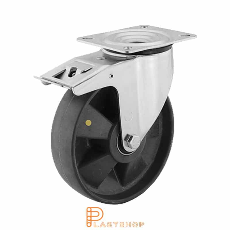 Elektrisk ledende länkehjul med bremse, platt, hjuldiameter 200 mm, byggehøyde 235 mm, hardt hjul i massiv PA6, 350 kg bærighet, doble kulelager