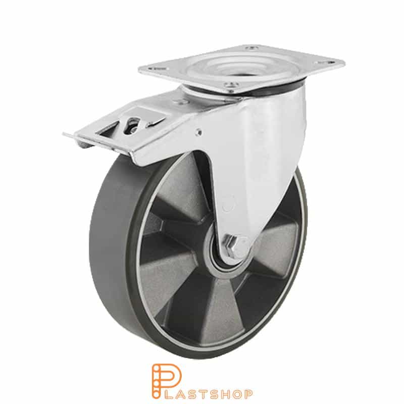 Elektrisk ledende länkehjul med bremse, platt, hjuldiameter 200 mm, byggehøyde 235 mm, nav i aluminium med myk bane i PUR i grå farge. 350 kg bærighet, doble kulelager