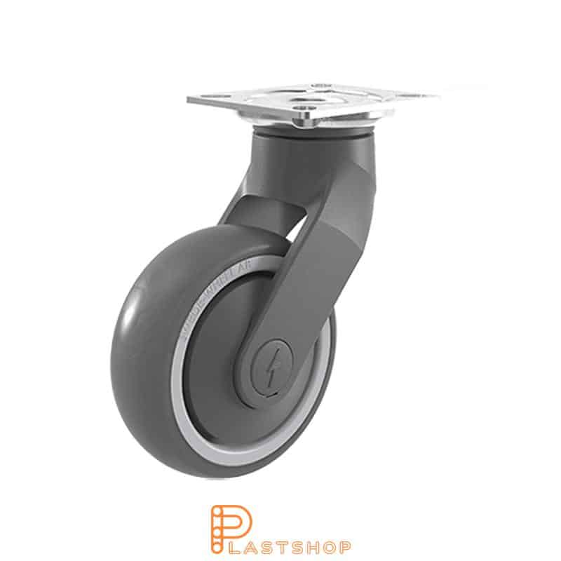 Electrically conductive link wheel without brake, flat, wheel diameter 100 mm, construction height 147 mm, hub in PP with soft running surface in TPE in grå. 100 kg load capacity, ball bearing