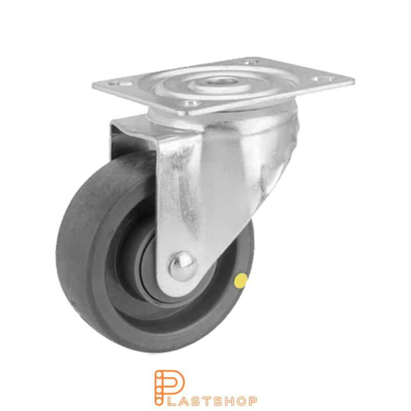 Elektrisk ledende lenkehjul uten bremse, plat, hjuldiameter 125 mm, byggehøyde 157 mm, nav i PA6 med myk bane i PUR i grå farge. 225 kg bæreevne, kulelager