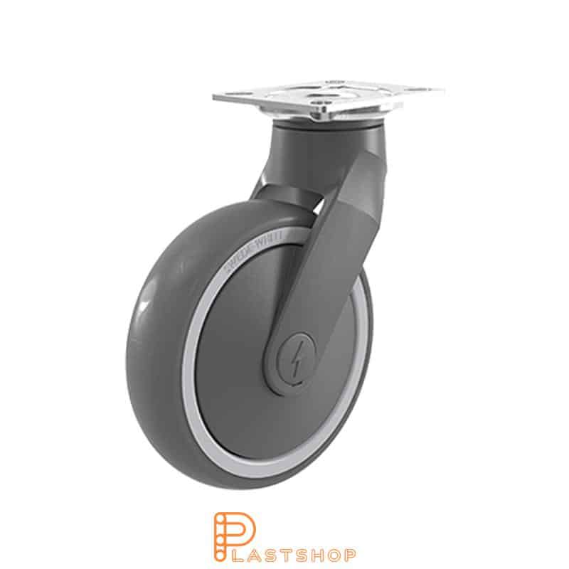 Sähköä johtava länkipyörä ilman jarrua, taso, pyörän halkaisija 125 mm, rakennuskorkeus 167 mm, navassa PP, pehmeä ura TPE:stä harmaassa värissä. 100 kg kantavuus, palloliikuntalaakeri