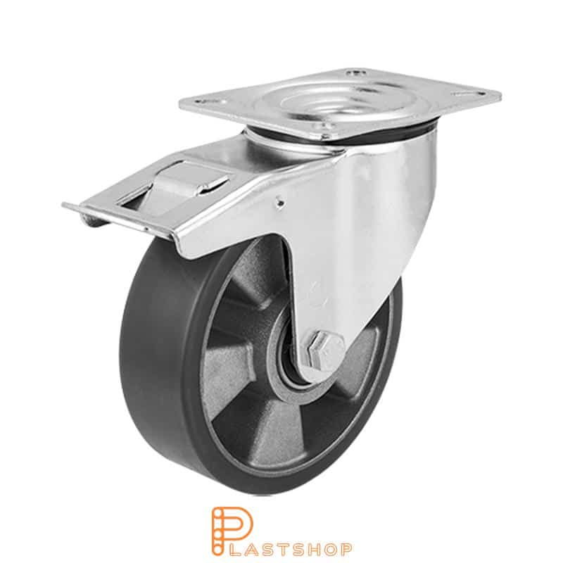 Elektrisk ledende lenkehjul uten bremse, plat, hjuldiameter 160 mm, byggehøyde 195 mm, nav i aluminium med myk bane i PUR i grå farge. 350 kg bæreevne, doble kulelager