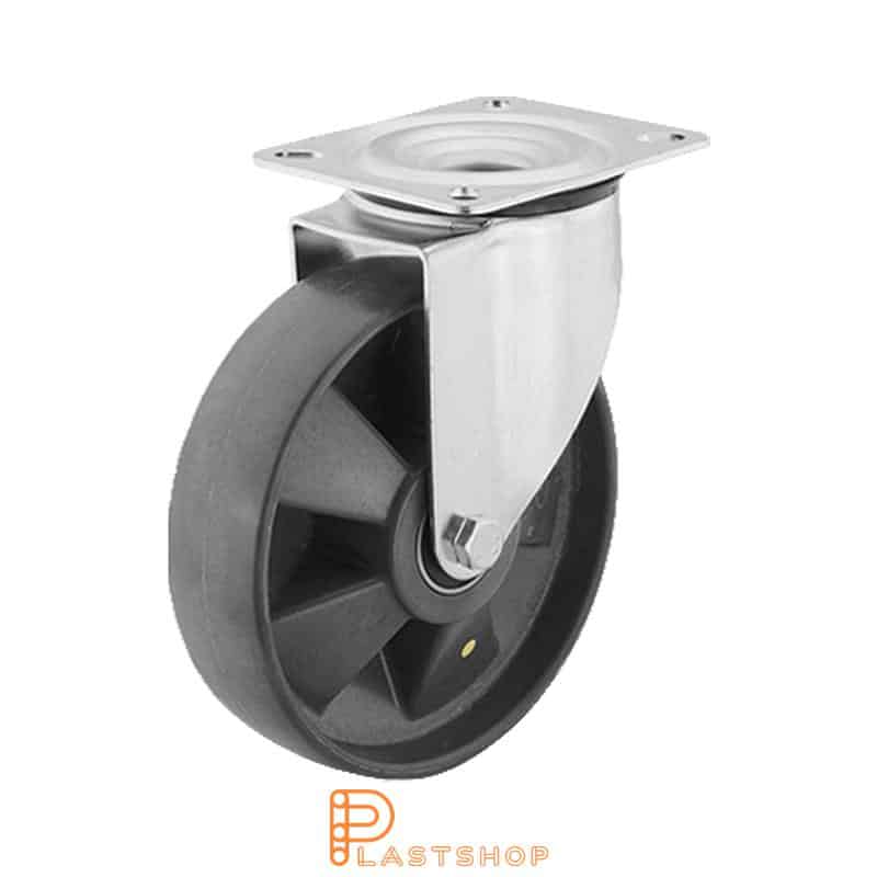 Rueda de cadena eléctricamente conductora sin freno, placa, diámetro de la rueda 200 mm, altura de construcción 235 mm, rueda dura en PA6 macizo, 350 kg de carga, cojinetes de bolas dobles