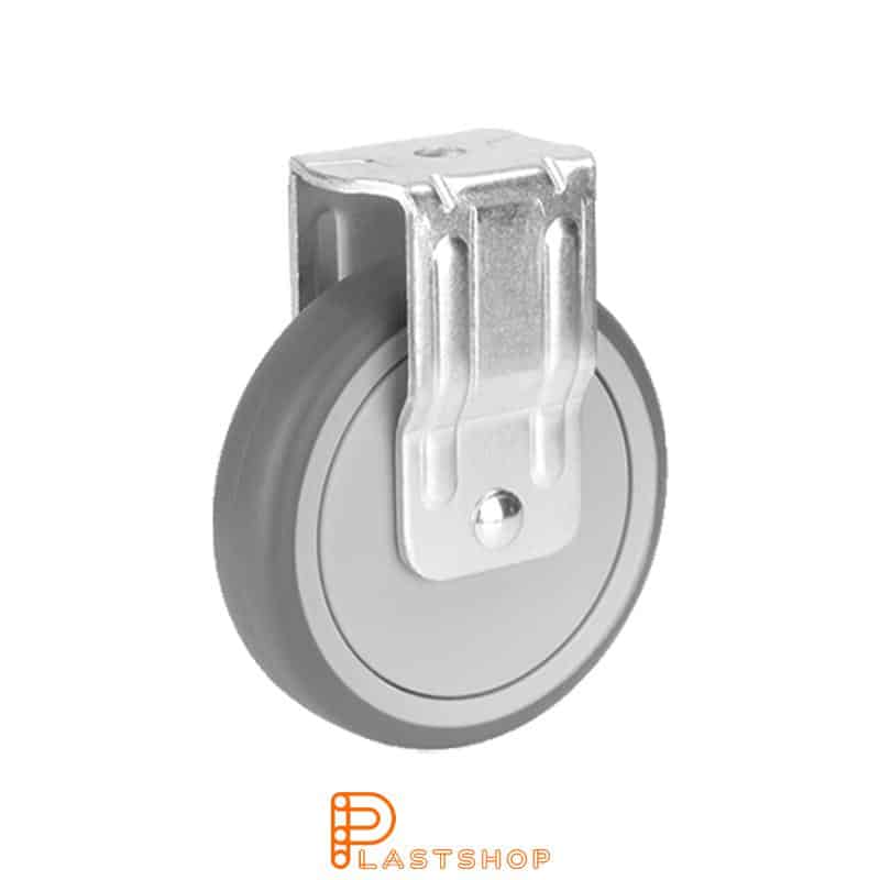 Fixed bracket, centre hole, wheel diameter 100 mm, construction height 120 mm, hub in PP with soft running surface in TPE in grey color. 70 kg load capacity, ball bearing