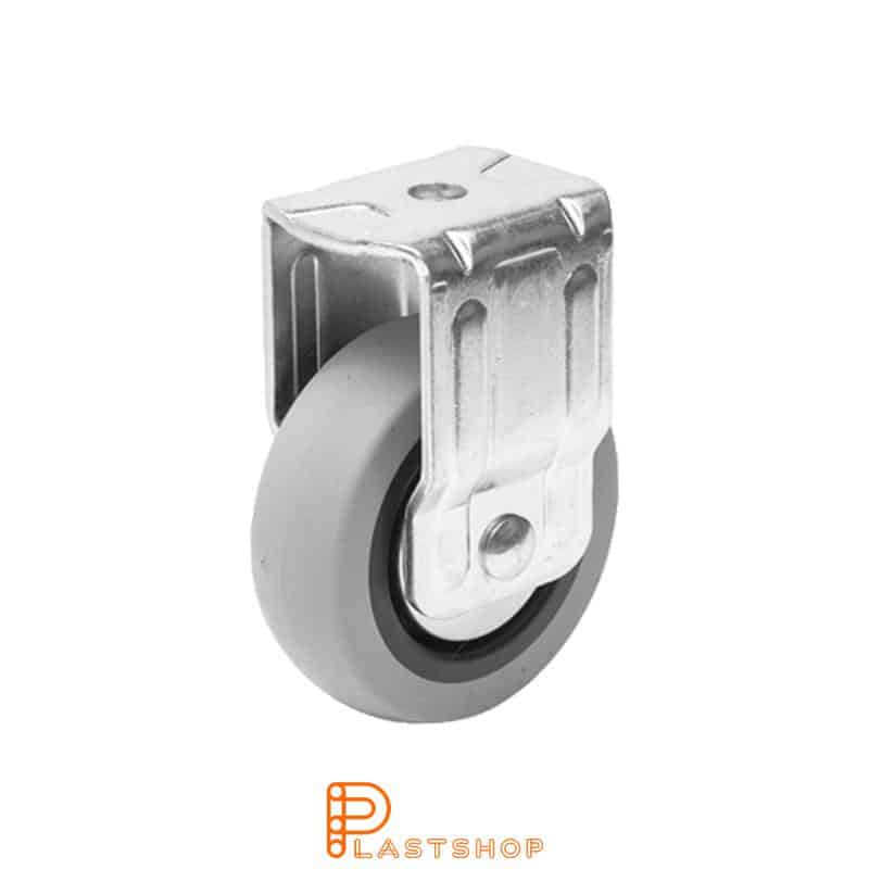 Fixed bracket, centre hole, wheel diameter 75 mm, construction height 98 mm, hub in PP with soft running surface in TPE in grå. 55 kg load capacity, plain bearing
