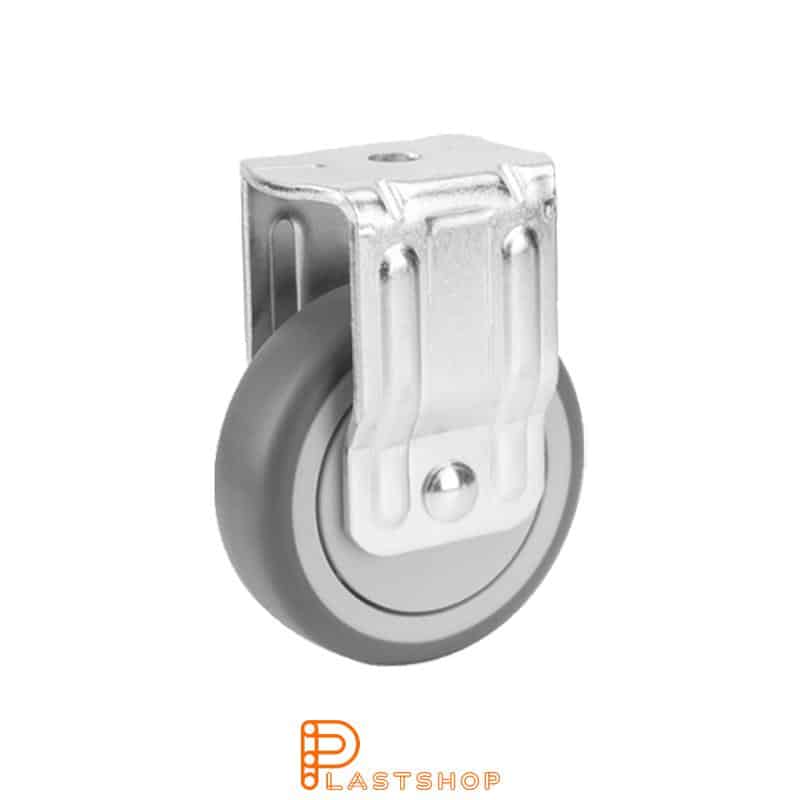 Fixed bracket, centre hole, wheel diameter 75 mm, construction height 98 mm, hub in PP with soft running surface in TPE in grå. 70 kg load capacity, ball bearing