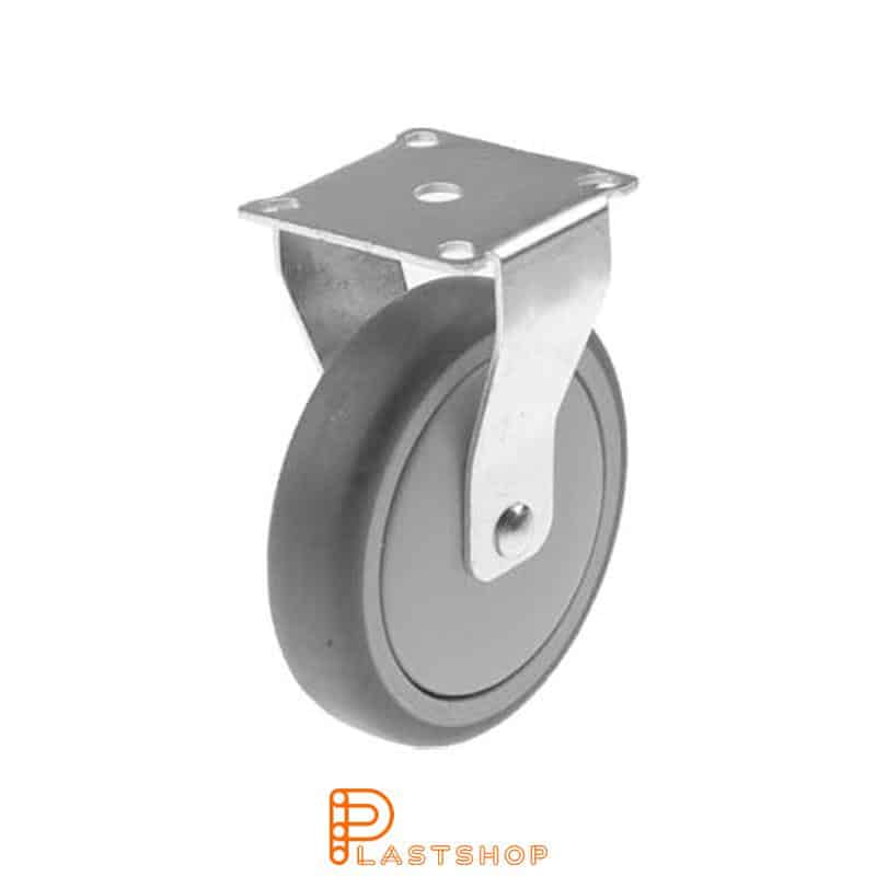 Fixed bracket, flat, wheel diameter 100 mm, construction height 121 mm, hub in PP with soft running surface in TPE in grå. 70 kg load capacity, ball bearing