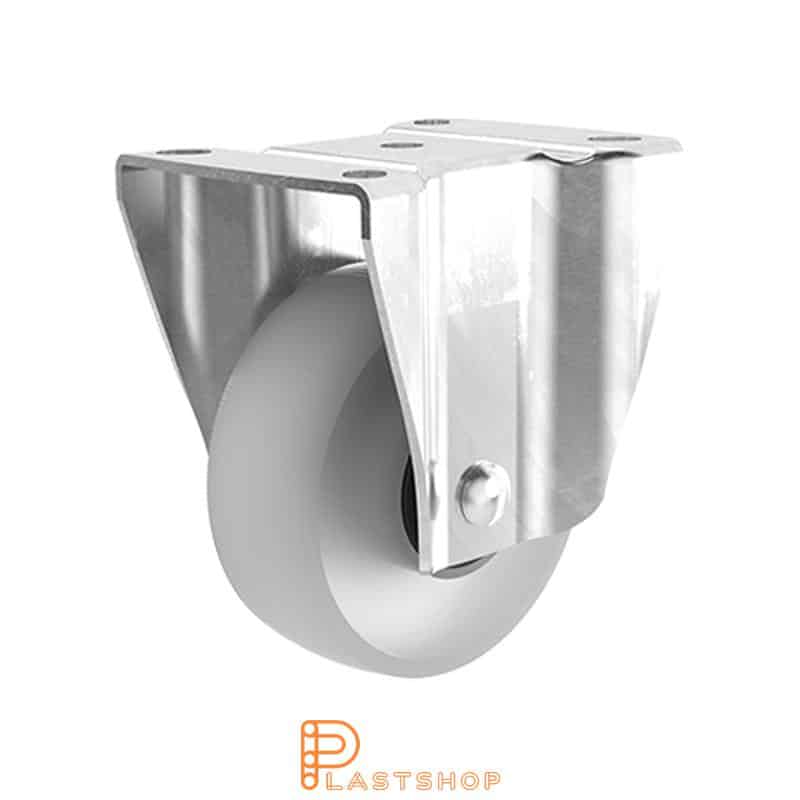 Soporte fijo, placa, diámetro de la rueda 100 mm, altura de construcción 128 mm, rueda dura en PA6 macizo, 150 kg de carga, cojinetes de bolas