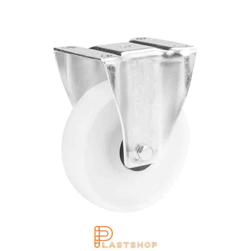 Soporte fijo, placa, diámetro de la rueda 100 mm, altura de construcción 128 mm, rueda dura en PP macizo, 150 kg de carga, cojinetes de bolas