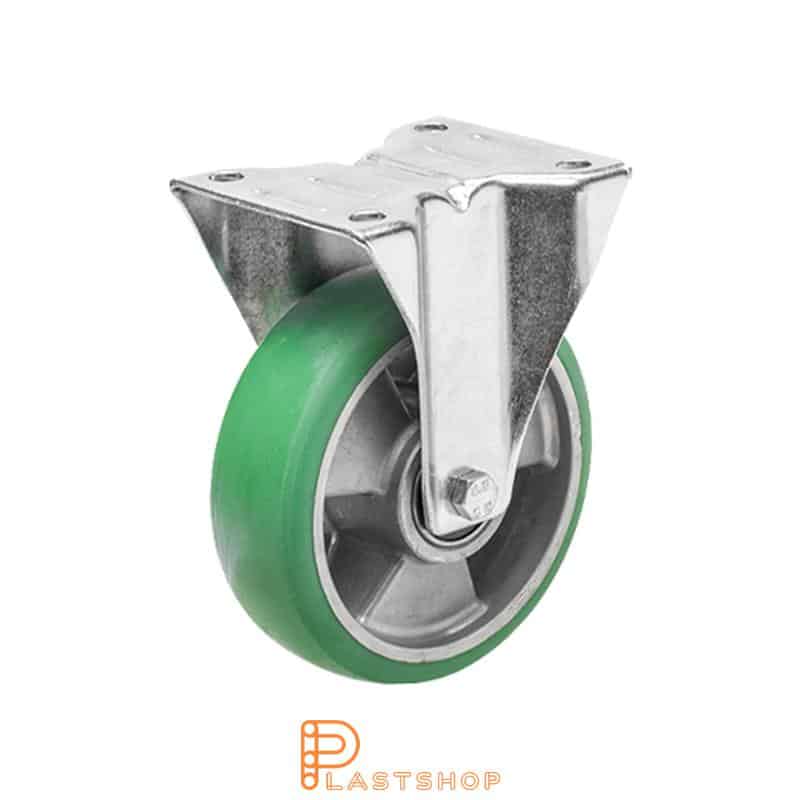 Fixed bracket, flat, wheel diameter 100 mm, construction height 128 mm, hub in aluminium with soft running surface in ElastoPUR in grön. 150 kg load capacity, double ball bearing
