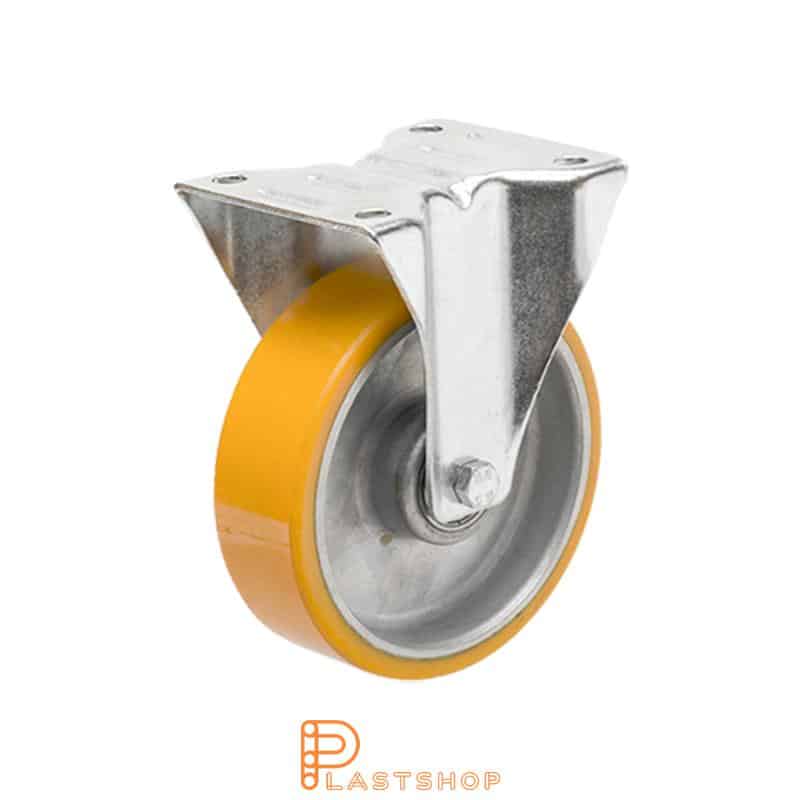Soporte fijo, placa, diámetro de la rueda 100 mm, altura de construcción 128 mm, eje en aluminio con pista suave en PUR de color naranja. 200 kg de carga, cojinetes de bolas dobles
