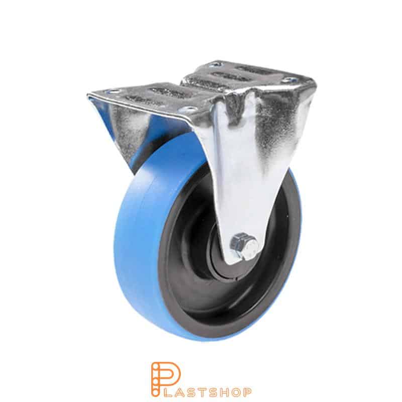 Fixed bracket, flat, wheel diameter 100 mm, construction height 128 mm, hub in PA6 with soft running surface in PUR in blå. 150 kg load capacity, ball bearing