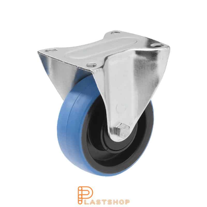Fixed bracket, flat, wheel diameter 100 mm, construction height 128 mm, hub in PA6 with soft running surface in PUR in blå. 160 kg load capacity, ball bearing
