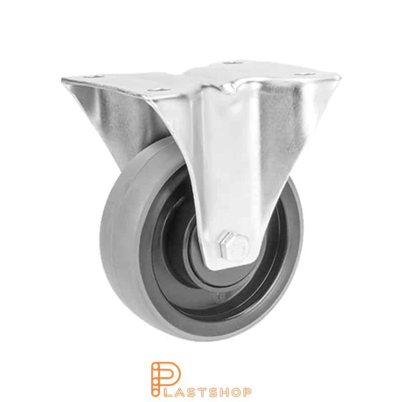 Fixed bracket, flat, wheel diameter 100 mm, construction height 128 mm, hub in PA6 with soft running surface in PUR in grå. 150 kg load capacity, ball bearing