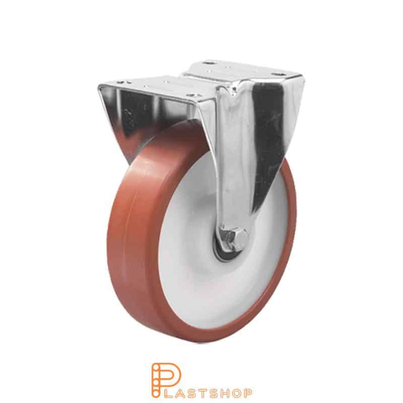 Fixed bracket, flat, wheel diameter 100 mm, construction height 128 mm, hub in PA6 with soft running surface in PUR in röd. 150 kg load capacity, double ball bearing