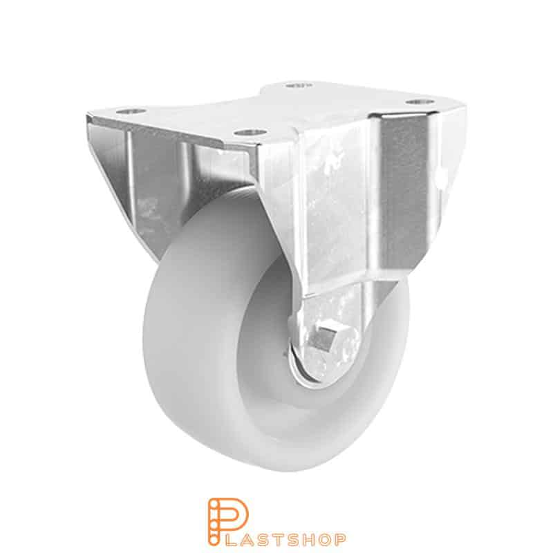 Fixed bracket, flat, wheel diameter 100 mm, construction height 130 mm, hard wheel in solid PA6, 350 kg load capacity, double ball bearing