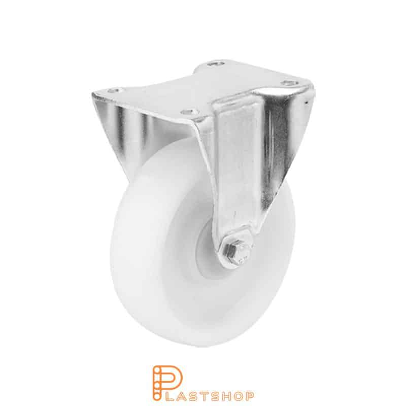 Fixed bracket, flat, wheel diameter 100 mm, construction height 130 mm, hard wheel in solid PA6, 350 kg load capacity, roller bearing