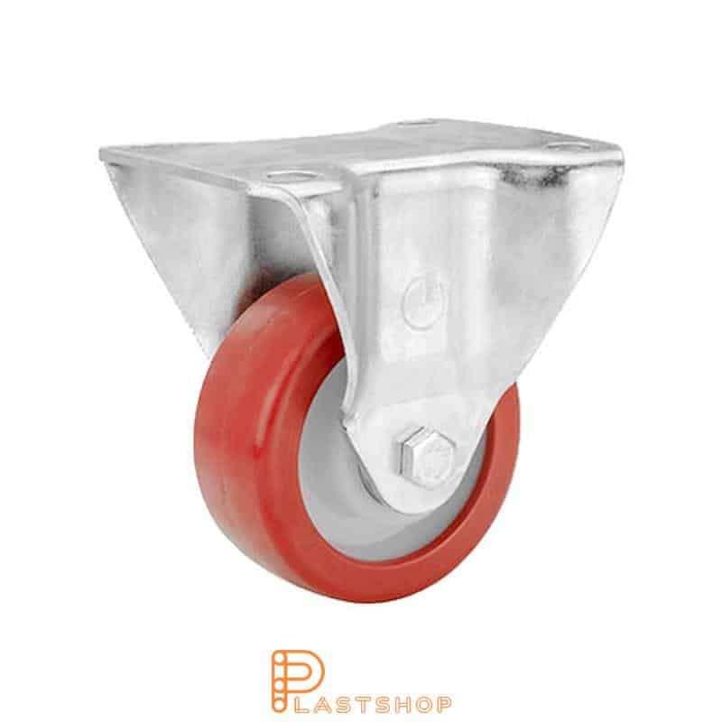 Fixed bracket, flat, wheel diameter 100 mm, construction height 130 mm, hub in PA6 with soft running surface in PUR in grå. 85 kg load capacity, plain bearing