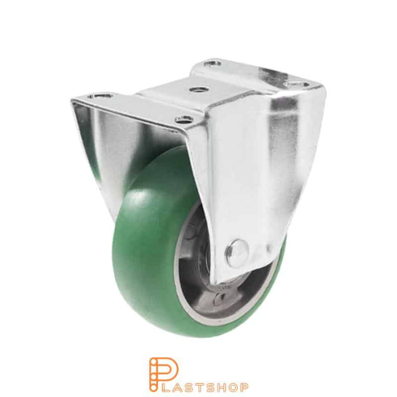 Fixed bracket, flat, wheel diameter 100 mm, construction height 132 mm, hub in aluminium with soft running surface in ElastoPUR in grön. 160 kg load capacity, double ball bearing