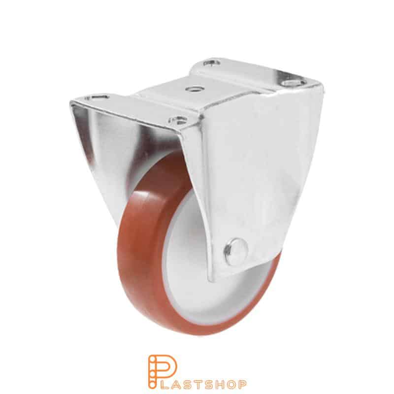 Fixed bracket, flat, wheel diameter 100 mm, construction height 132 mm, hub in PA6 with soft running surface in PUR in red color. 170 kg load capacity, plain bearing