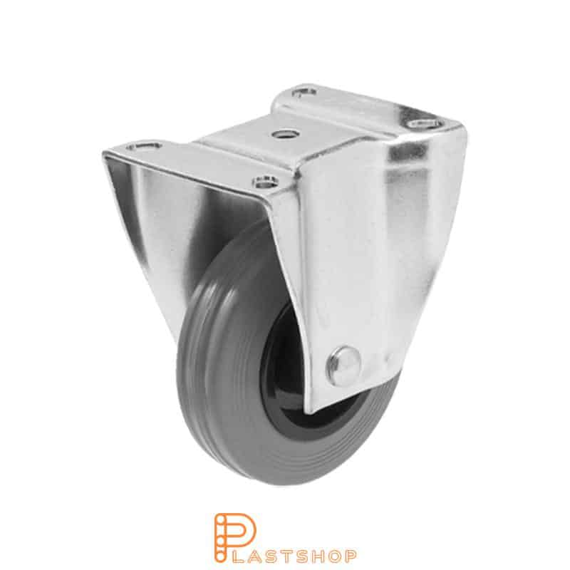 Fixed bracket, flat, wheel diameter 100 mm, construction height 132 mm, hub in PP with soft running surface in rubber in grå. 70 kg load capacity, roller bearing