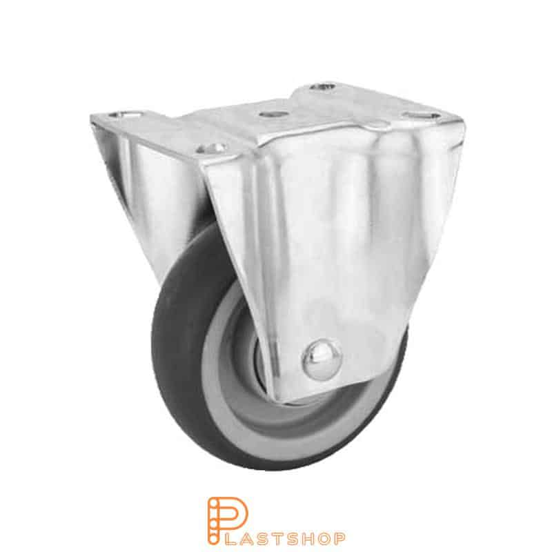 Fixed bracket, flat, wheel diameter 100 mm, construction height 132 mm, hub in PP with soft running surface in TPE in grå. 100 kg load capacity, ball bearing