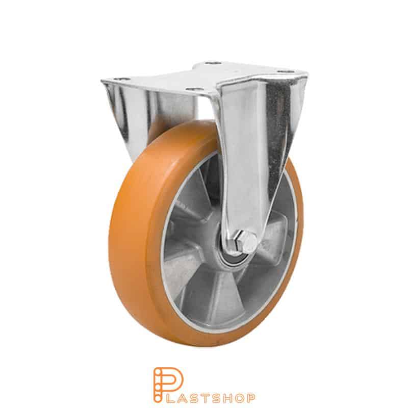 Fixed bracket, flat, wheel diameter 100 mm, construction height 140 mm, hub in aluminium with soft running surface in ElastoPUR in brun. 400 kg load capacity, double ball bearing