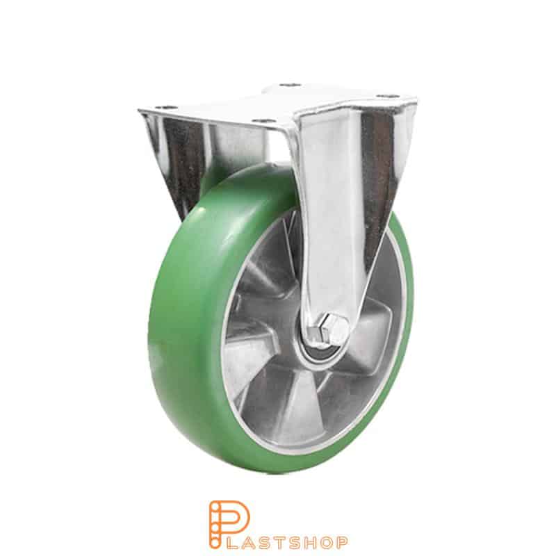 Fixed bracket, flat, wheel diameter 100 mm, construction height 140 mm, hub in aluminium with soft running surface in ElastoPUR in grön. 350 kg load capacity, double ball bearing