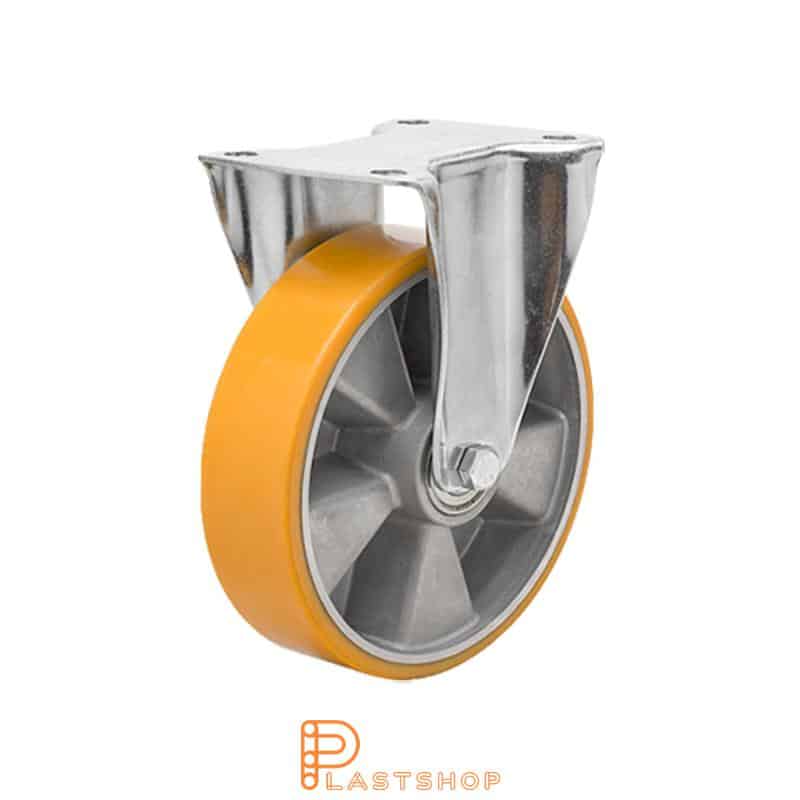 Fast bygel, platta, hjuldiameter 100 mm, bygghöjd 140 mm, nav i aluminium med mjuk bana i PUR i orange färg. 400 kg bärighet, dubbla kullager