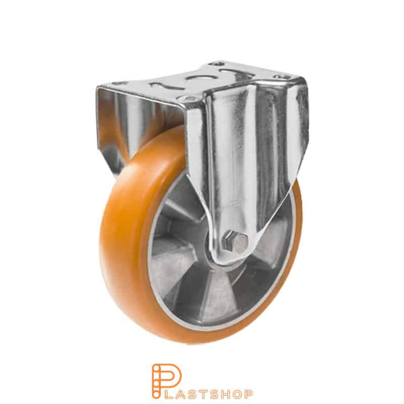 Fast bygel, platta, hjuldiameter 100 mm, bygghöjd 142 mm, nav i aluminium med mjuk bana i ElastoPUR i brun färg. 400 kg bärighet, dubbla kullager