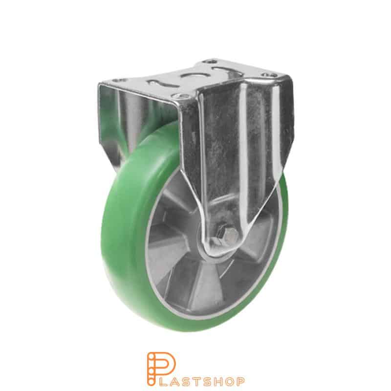 Fast bygel, platta, hjuldiameter 100 mm, bygghöjd 142 mm, nav i aluminium med mjuk bana i ElastoPUR i grön färg. 350 kg bärighet, dubbla kullager