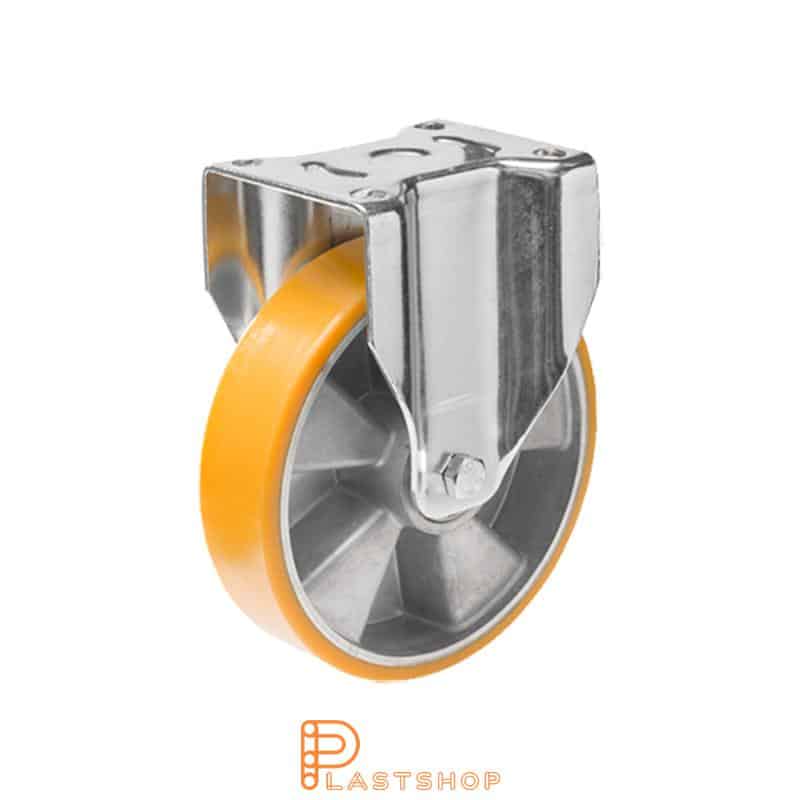 Soporte fijo, placa, diámetro de la rueda 100 mm, altura de construcción 142 mm, eje en aluminio con pista suave en PUR de color naranja. 400 kg de carga, cojinetes de bolas dobles