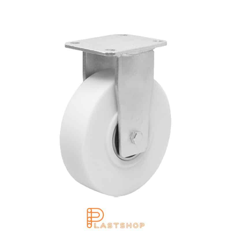 Soporte fijo, placa, diámetro de la rueda 100 mm, altura de construcción 145 mm, rueda dura en PA6 C macizo, 1250 kg de carga, cojinetes de bolas dobles