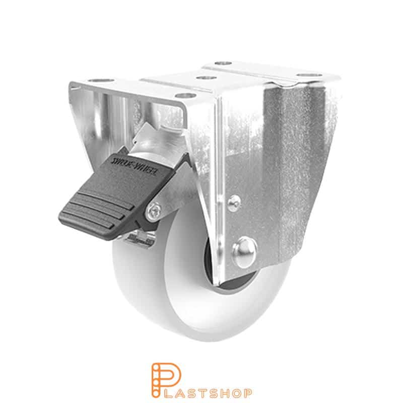 Soporte fijo, placa, diámetro de la rueda 108 mm, altura de construcción 132 mm, rueda dura en PP macizo, 200 kg de carga, cojinetes de bolas