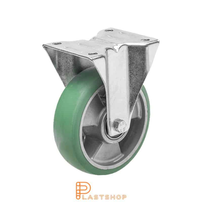 Fixed bracket, flat, wheel diameter 125 mm, construction height 155 mm, hub in aluminium with soft running surface in ElastoPUR in grön. 200 kg load capacity, double ball bearing