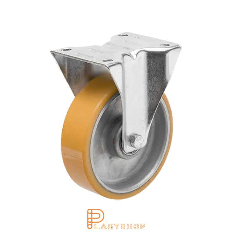 Fast bygel, platta, hjuldiameter 125 mm, bygghöjd 155 mm, nav i aluminium med mjuk bana i PUR i orange färg. 200 kg bärighet, dubbla kullager