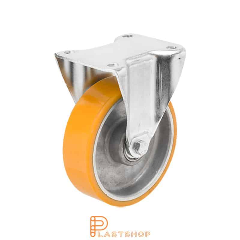 Fast bygel, plat, hjuldiameter 125 mm, byggehøyde 156 mm, nav i aluminium med myk bane i PUR i oransje farge. 350 kg bæreevne, doble kulelager