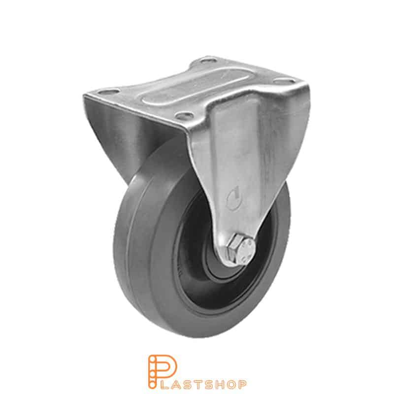 Fixed bracket, flat, wheel diameter 125 mm, construction height 156 mm, hub in PA6 with soft running surface in ElastoGum in grey color. 160 kg load capacity, ball bearing