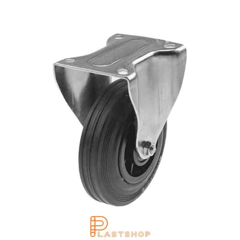Fixed bracket, flat, wheel diameter 125 mm, construction height 156 mm, hub in PP with soft running surface in rubber in svart. 100 kg load capacity, roller bearing