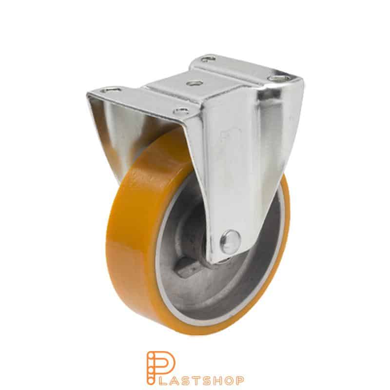 Fixed bracket, flat, wheel diameter 125 mm, construction height 157 mm, hub in aluminium with soft running surface in PUR in orange. 160 kg load capacity, double ball bearing