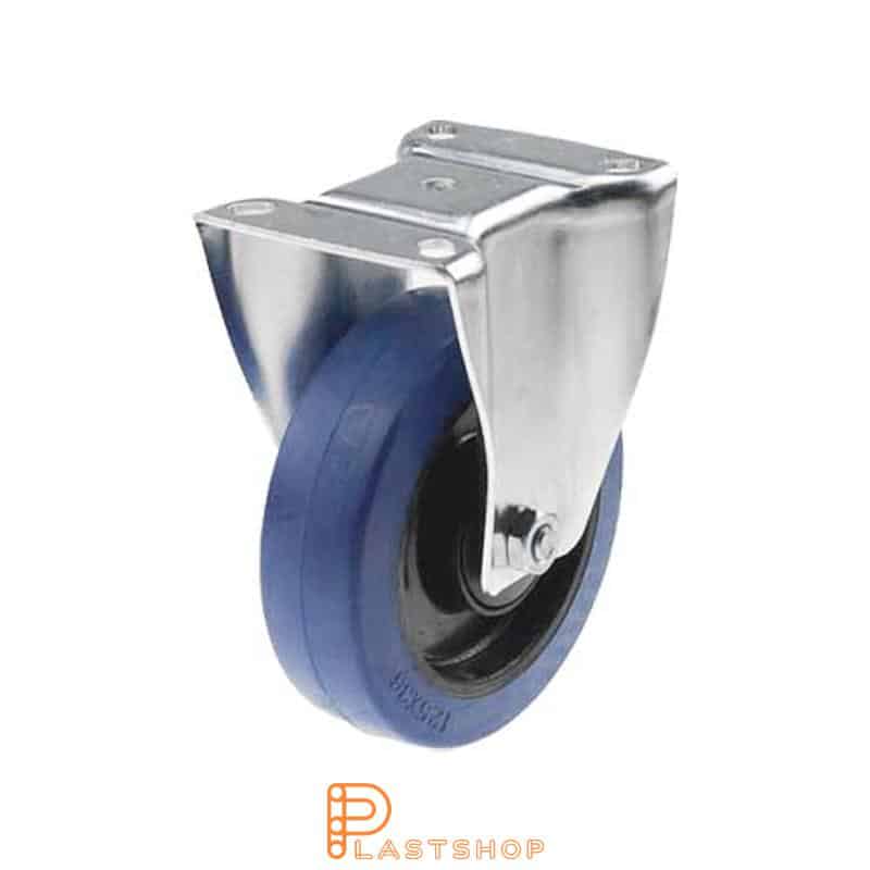 Fixed bracket, flat, wheel diameter 125 mm, construction height 157 mm, hub in PA6 with soft running surface in ElastoGum in blue color. 225 kg load capacity, ball bearing