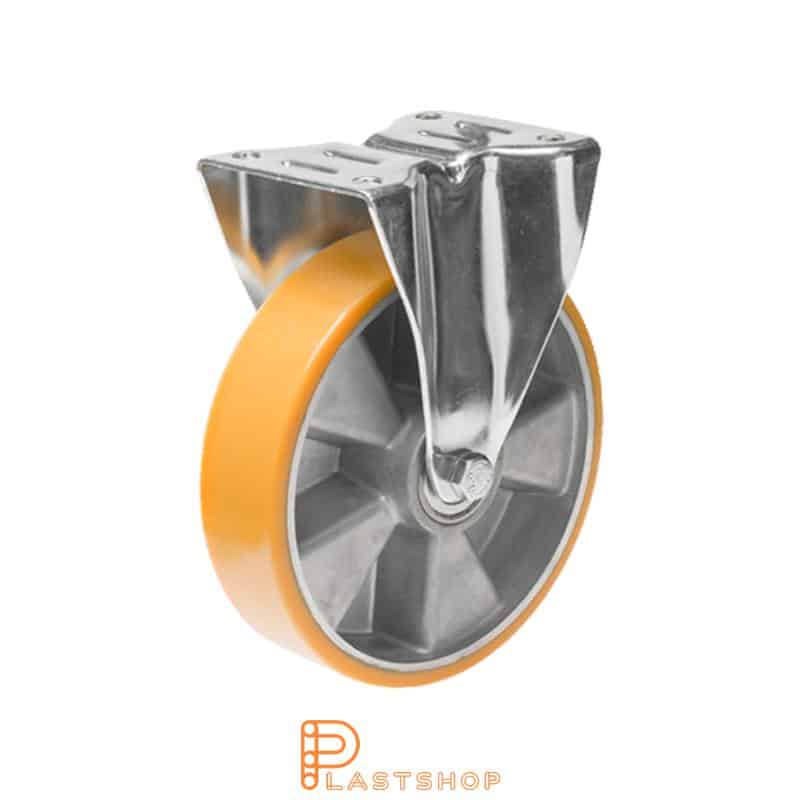 Fixed bracket, flat, wheel diameter 125 mm, construction height 163 mm, hub in aluminium with soft running surface in PUR in orange color. 300 kg load capacity, double ball bearing