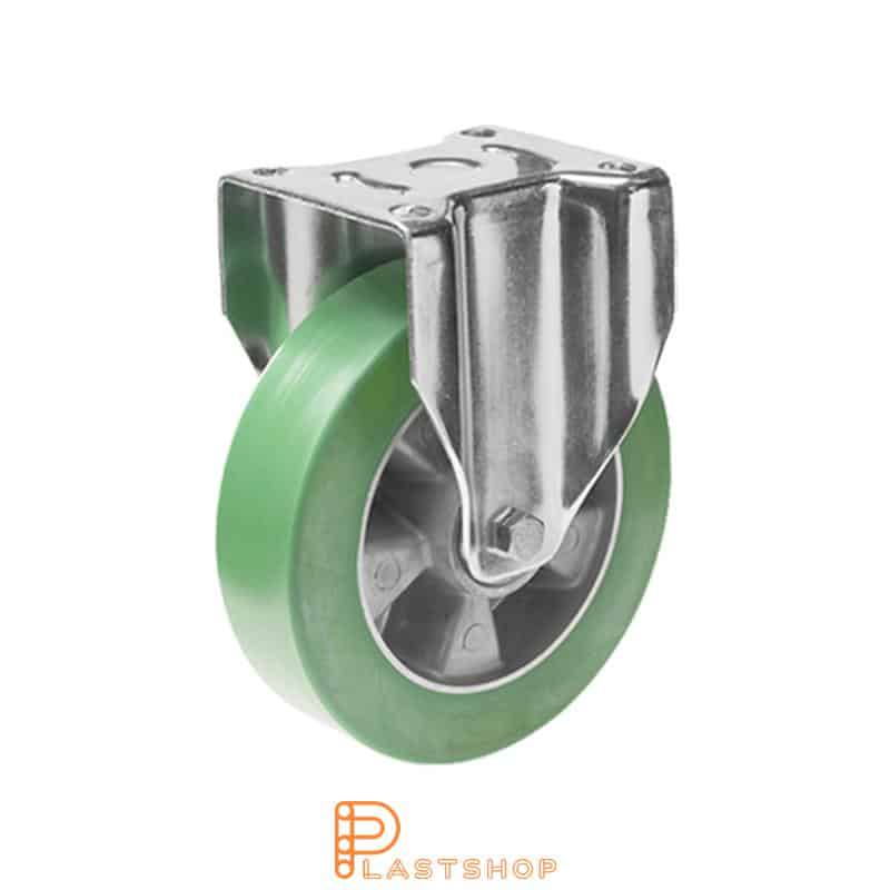 Fast bygel, platta, hjuldiameter 125 mm, bygghöjd 164 mm, nav i aluminium med mjuk bana i ElastoPUR i grön färg. 400 kg bärighet, dubbla kullager
