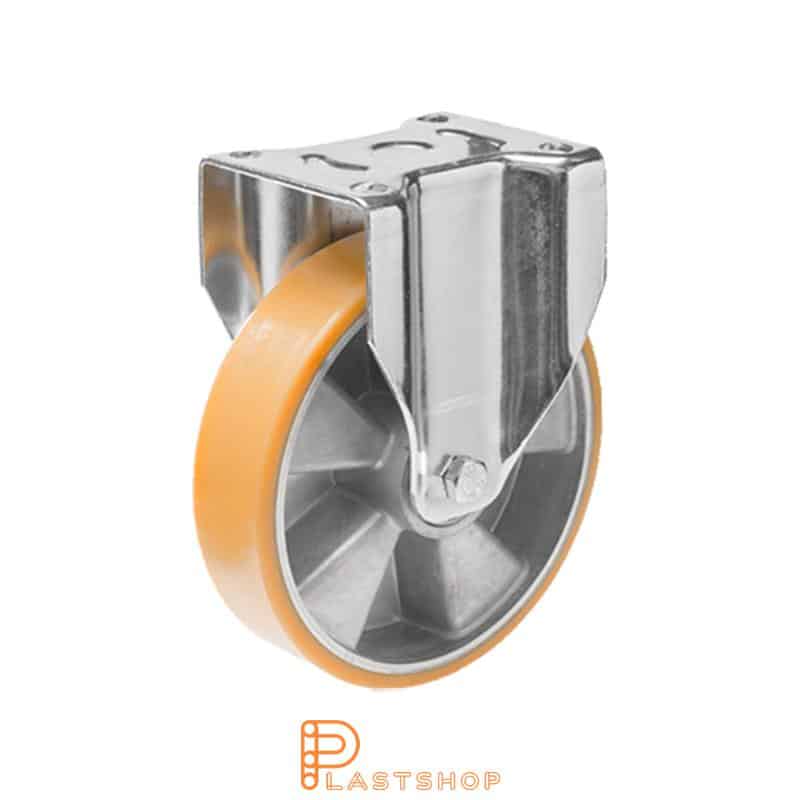 Fixed bracket, flat, wheel diameter 125 mm, construction height 164 mm, hub in aluminium with soft running surface in PUR in orange. 450 kg load capacity, double ball bearing